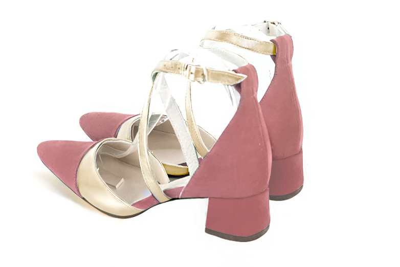 Dusty rose pink and gold women's open side shoes, with crossed straps. Tapered toe. Low flare heels. Rear view - Florence KOOIJMAN